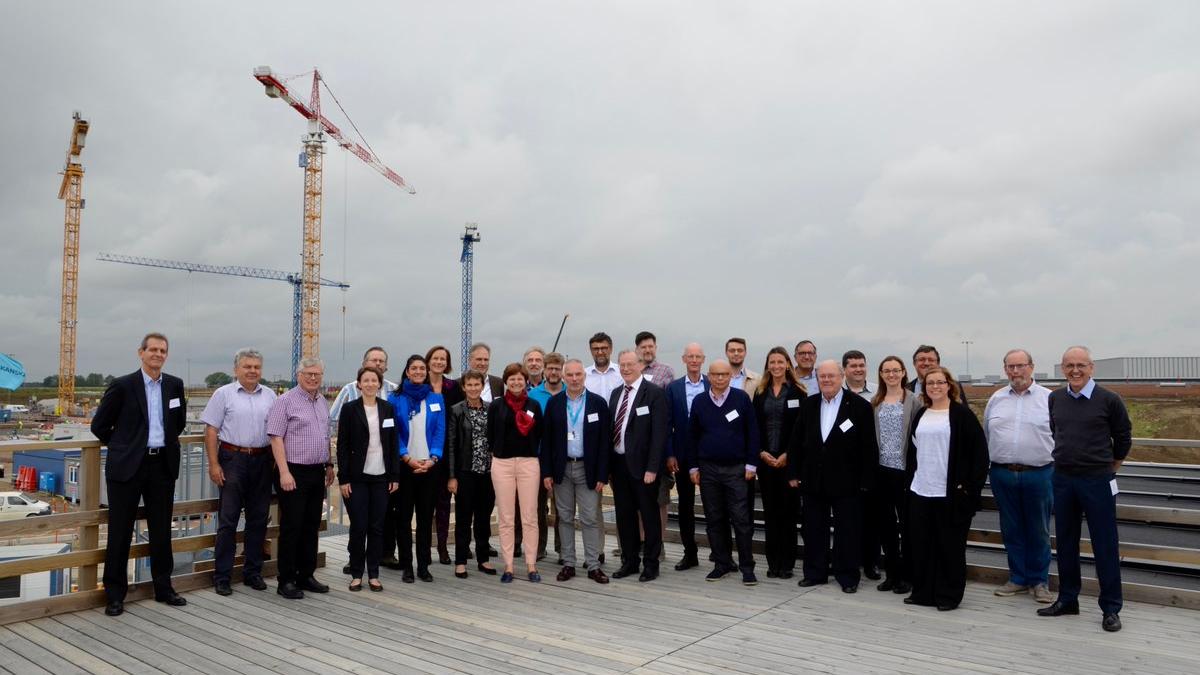 Family picture from Mid-Term Review of Horizon2020 project BrightnESS on the HORIZON Viewing Deck at ESS